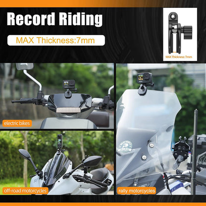 Motorcycle windshield with 'Record Riding' branding and specifications on a black background.