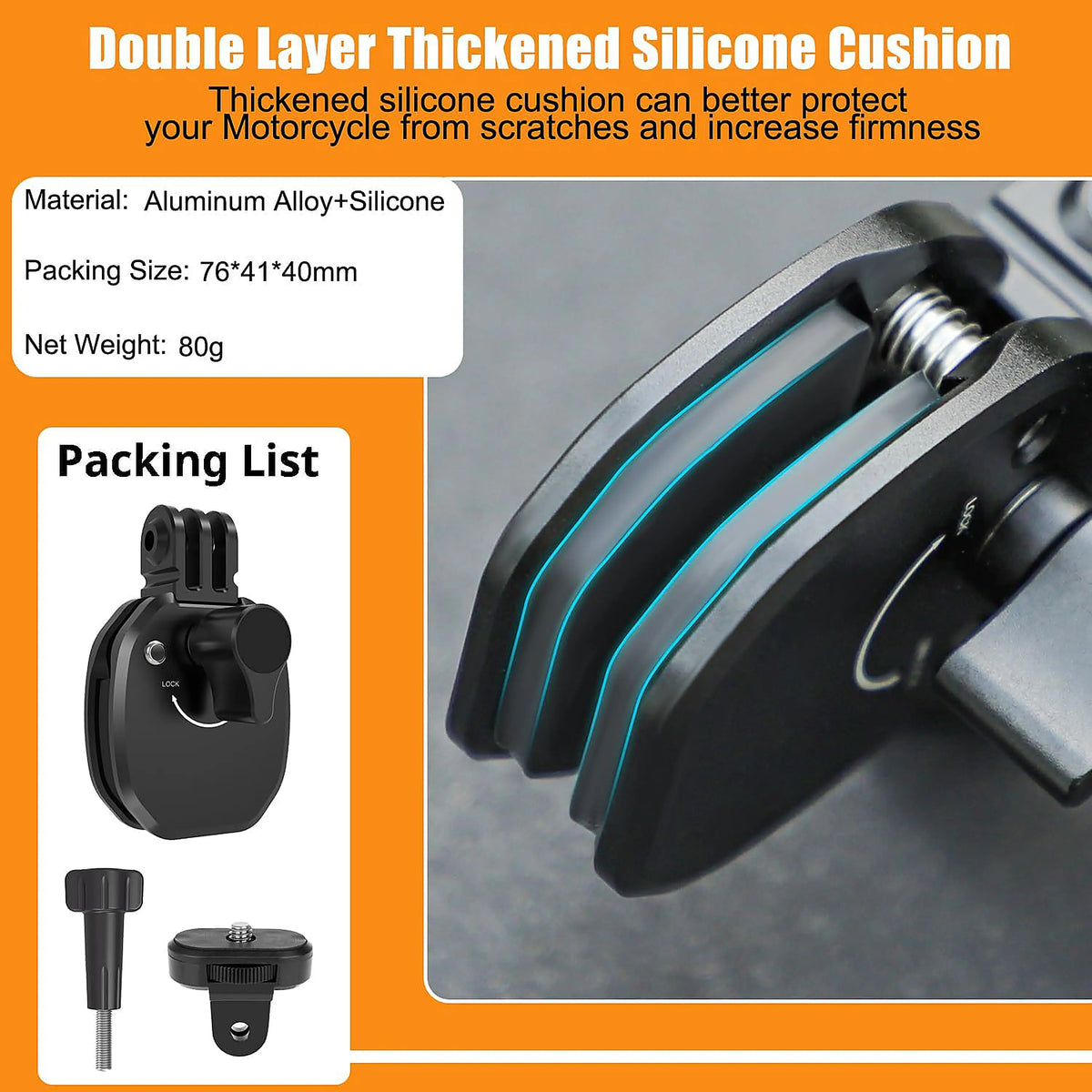 Double layer thickened silicone cushion for a motorcycle handlebar clamp, made of aluminum alloy and silicone. Features a close-up of the black cushioned clamp with bright teal silicone layers, alongside a packing list showing the clamp and mounting screw on an orange and white background.