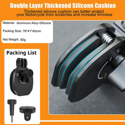 Double layer thickened silicone cushion for a motorcycle handlebar clamp, made of aluminum alloy and silicone. Features a close-up of the black cushioned clamp with bright teal silicone layers, alongside a packing list showing the clamp and mounting screw on an orange and white background.