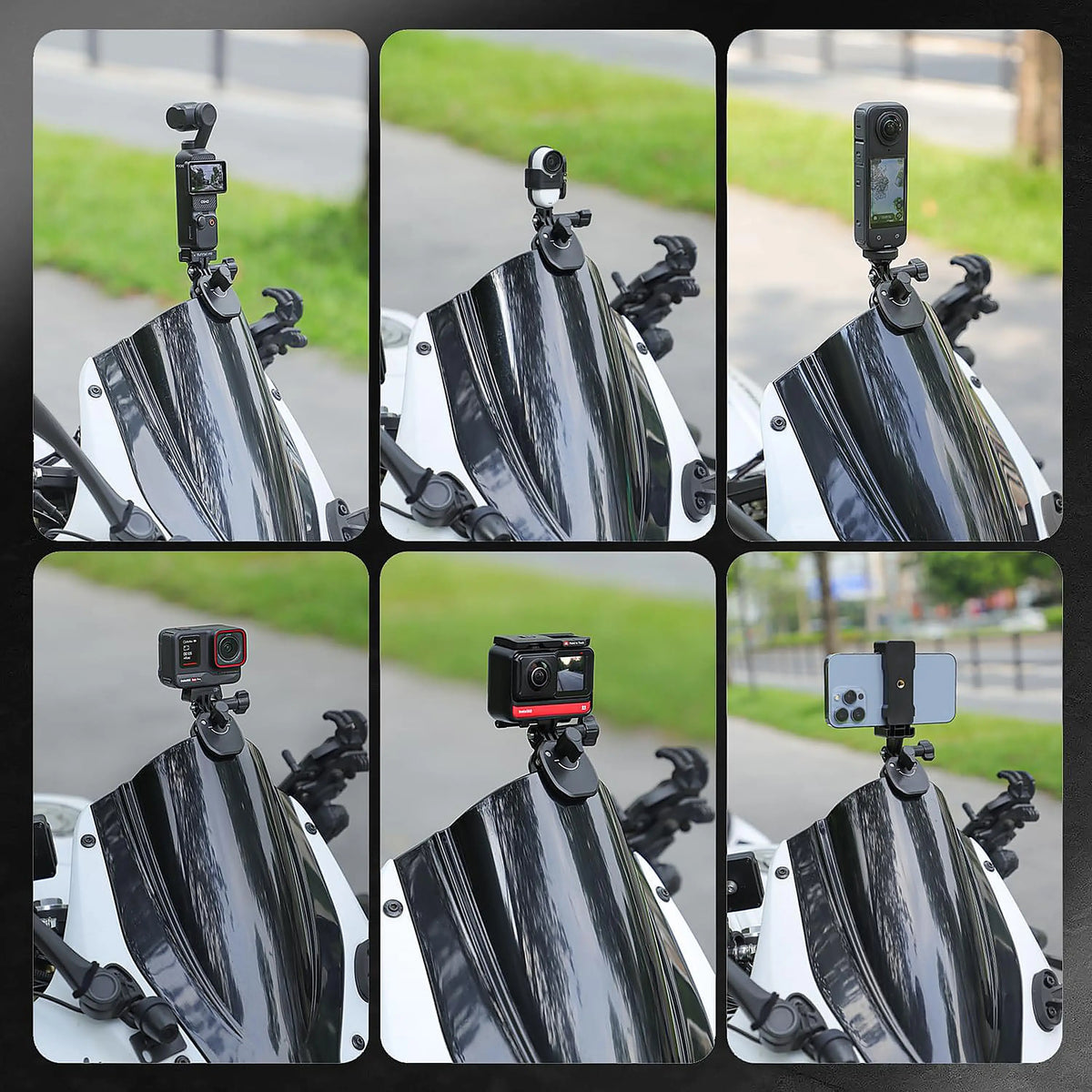 Multiple camera setups on a motorcycle with different angles and positions using motorcycle windshield camera mount