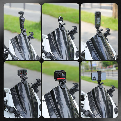 Multiple camera setups on a motorcycle with different angles and positions using motorcycle windshield camera mount