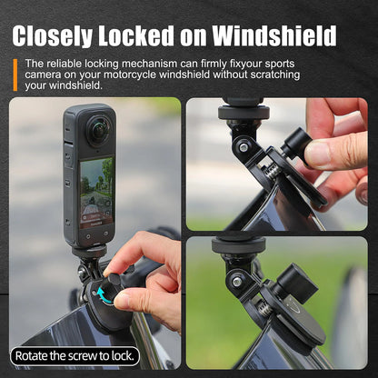 A promotional collage showing a black motorcycle camera mount with a suction cup and adjustable clamp, demonstrating how to attach and lock a camera to a windshield. Text at the top reads 'Closely Locked on Windshield' and the bottom corner says 'Rotate the screw to lock.