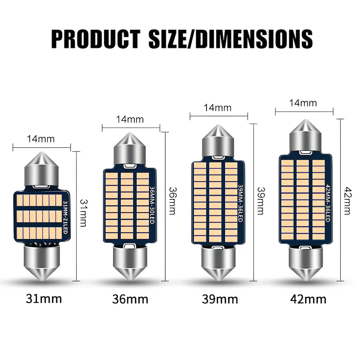 Product size and dimensions chart showing four LED car light bulbs with labeled heights and widths: 31mm, 36mm, 39mm, and 42mm, on a white background with the heading 'PRODUCT SIZE/DIMENSIONS'.