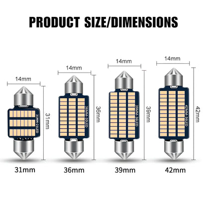 Product size and dimensions chart showing four LED car light bulbs with labeled heights and widths: 31mm, 36mm, 39mm, and 42mm, on a white background with the heading 'PRODUCT SIZE/DIMENSIONS'.