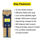 T5 LED Bulbs W3W 3030 Chips for Dashboard, Console Instrument Panel Backlight - Image 4