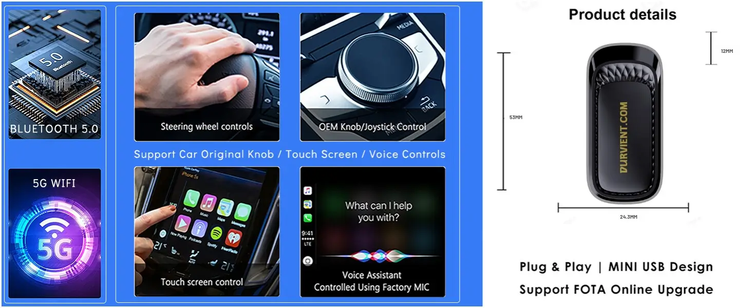 plug and play wireless Android Auto Apple CarPlay dongle dimension and specifications