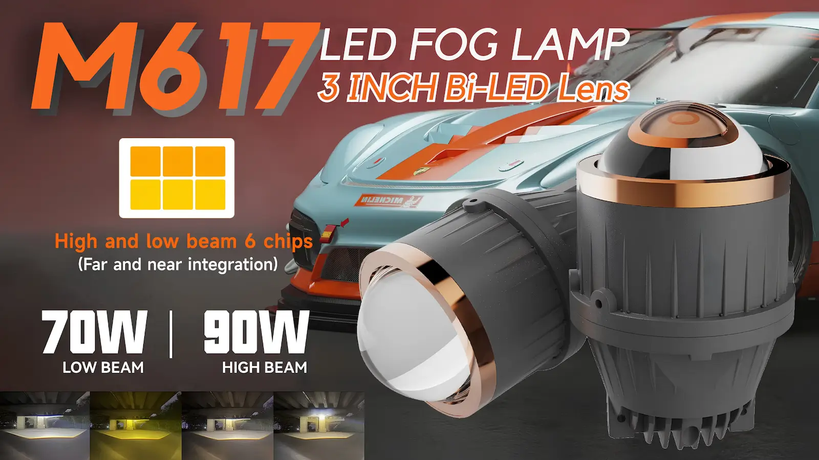 M617 3 Inch Tri-Color Fog Projector Bi-LED Projector Retrofit Kit with Low High Beam - Ultimate Clarity in Any Weather! 1 M617 3.0 Inch Bi-LED Tri Color Projector for Cars and Motorcycles