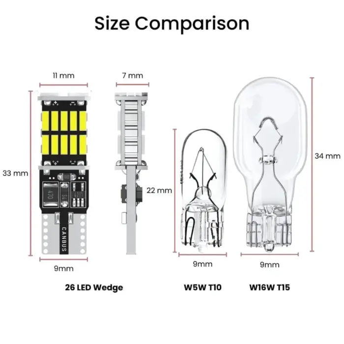 W5W W16W 26 SMD T10 T15 Canbus LED Bulbs - Heat Sink, Canbus Error Free, Intense Brightness - Image 4