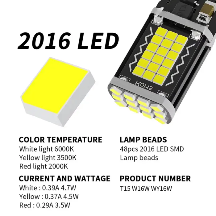 T15 W16W/WY16W Canbus Error-Free LED Bulb - 2016 SMD LEDs, 360° Illumination, Plug-and-Play - Image 2