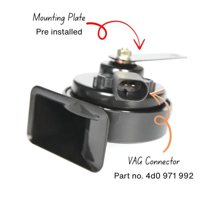 mounting plate pre installed uses official vag horn connector part no. 4d0 971 992