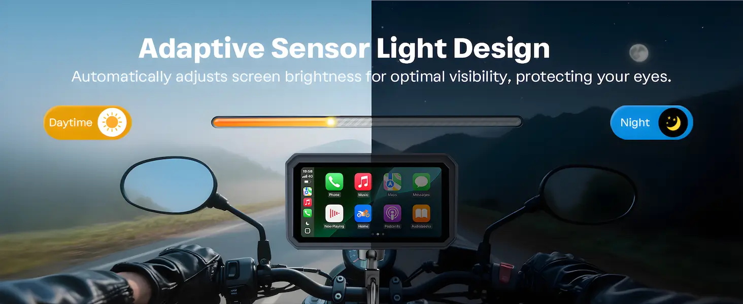 6.25 Inch Wireless CarPlay Android Auto Motorcycle Display with Dual Dashcam, TPMS, Waterproof GPS Navigation System 10 adaptive brightness