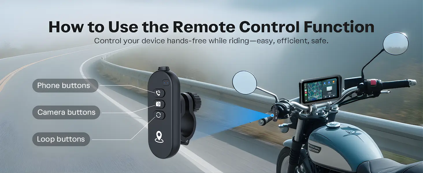 6.25 Inch Wireless CarPlay Android Auto Motorcycle Display with Dual Dashcam, TPMS, Waterproof GPS Navigation System 11 remote control for quick actions