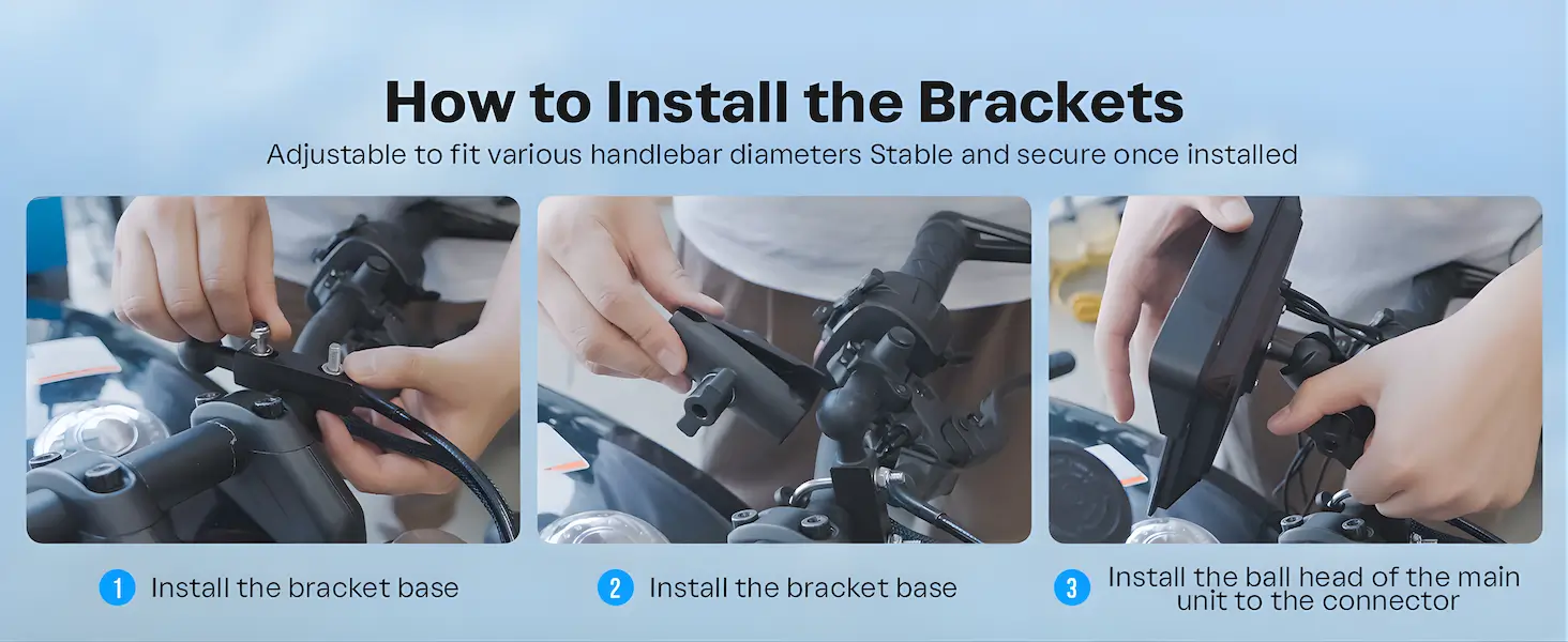 6.25 Inch Wireless CarPlay Android Auto Motorcycle Display with Dual Dashcam, TPMS, Waterproof GPS Navigation System 12 how to install the bracket
