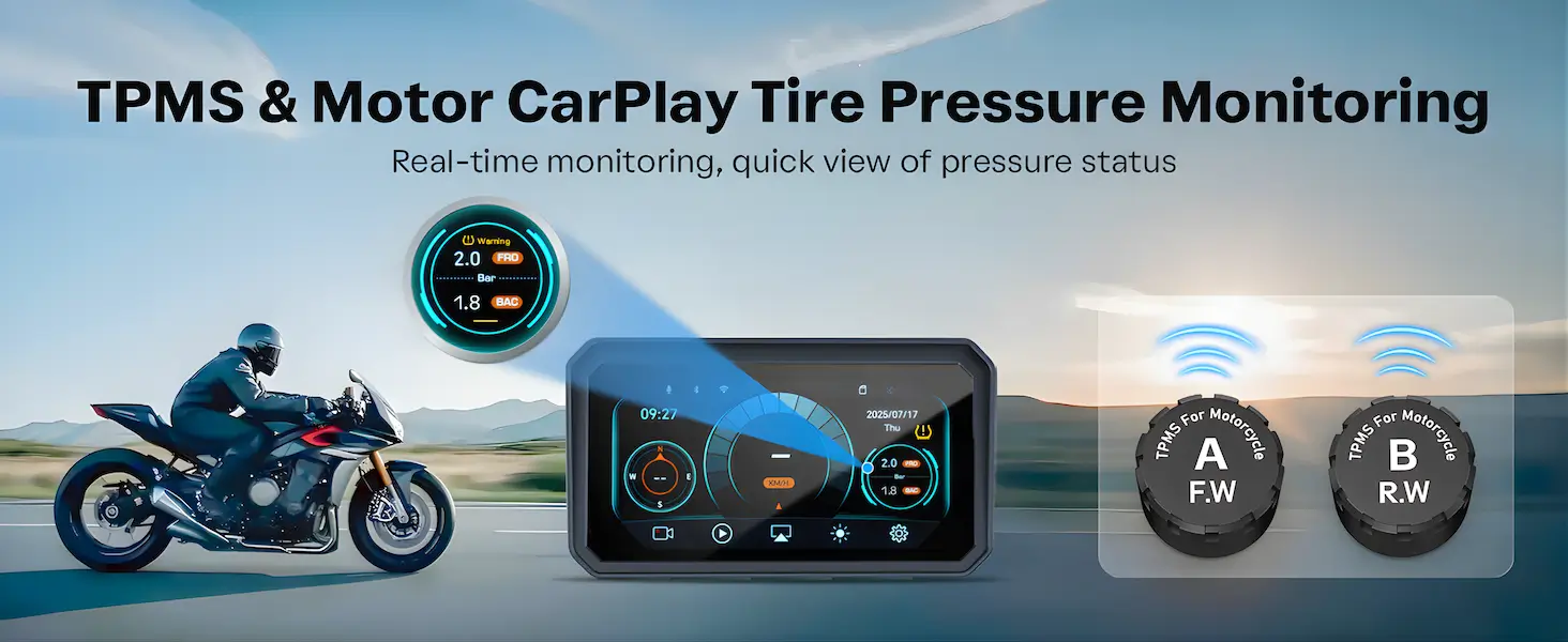 6.25 Inch Wireless CarPlay Android Auto Motorcycle Display with Dual Dashcam, TPMS, Waterproof GPS Navigation System 4 tpms for motorcycle