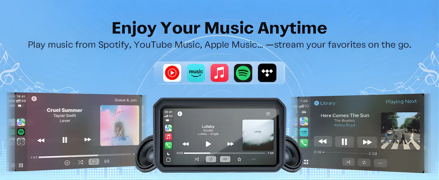 6.25 Inch Wireless CarPlay Android Auto Motorcycle Display with Dual Dashcam, TPMS, Waterproof GPS Navigation System 5 enjoy music anytime anywhere