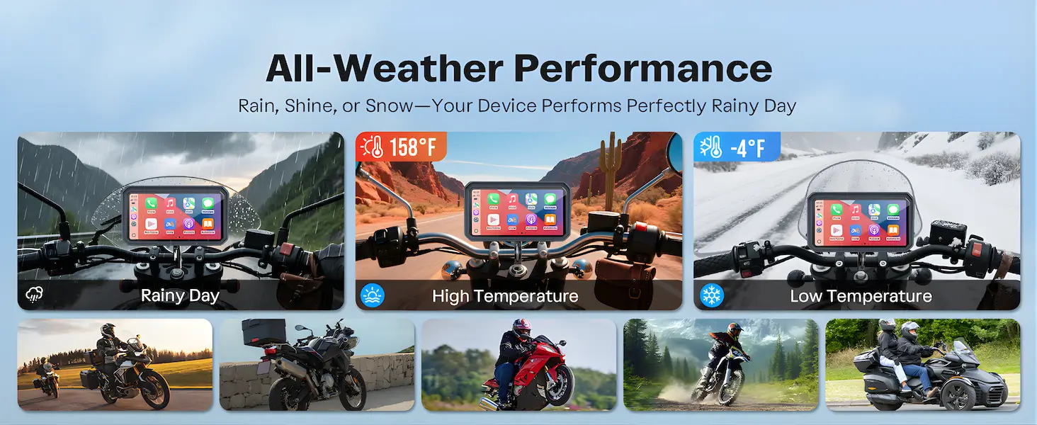 6.25 Inch Wireless CarPlay Android Auto Motorcycle Display with Dual Dashcam, TPMS, Waterproof GPS Navigation System 6 all weather performance