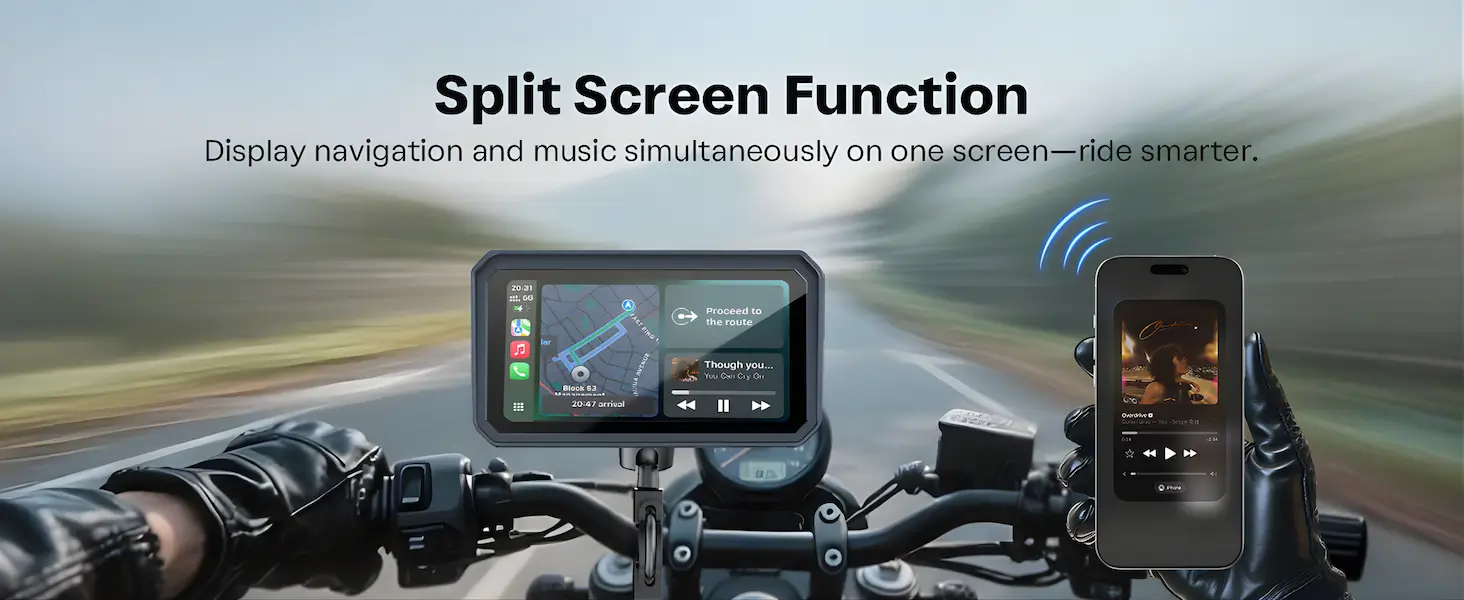 6.25 Inch Wireless CarPlay Android Auto Motorcycle Display with Dual Dashcam, TPMS, Waterproof GPS Navigation System 7 split screen function run carplay dashcam together