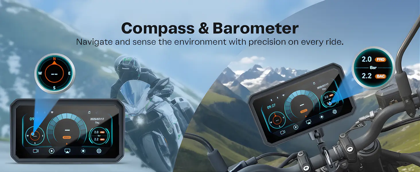 6.25 Inch Wireless CarPlay Android Auto Motorcycle Display with Dual Dashcam, TPMS, Waterproof GPS Navigation System 9 compass and barometer supported