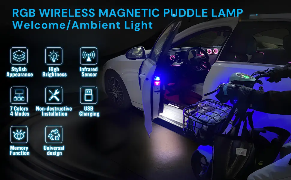 Magnetic Car Door Light 7-Color LED Puddle Lamp - Infrared Sensor, Rechargeable (Wireless) 1 RGB Wireless Magnetic puddle lamp for cars door welcome warning light