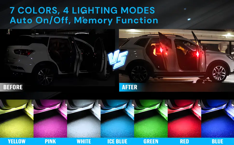 Magnetic Car Door Light 7-Color LED Puddle Lamp - Infrared Sensor, Rechargeable (Wireless) 2 7 colors 4 light modes to chose from magnetic puddle lamp