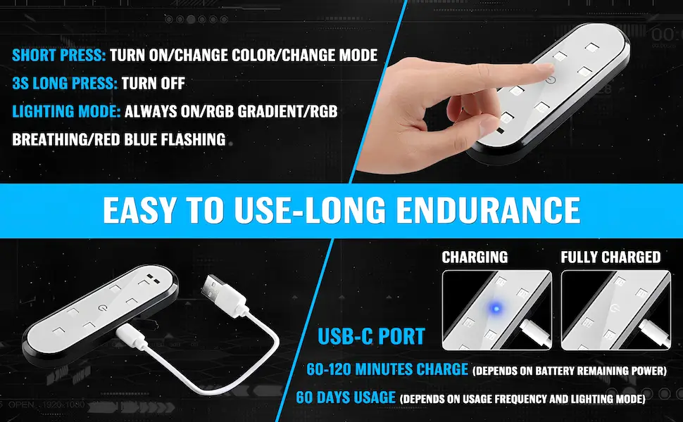 Magnetic Car Door Light 7-Color LED Puddle Lamp - Infrared Sensor, Rechargeable (Wireless) 4 Easy to use long battery endurance