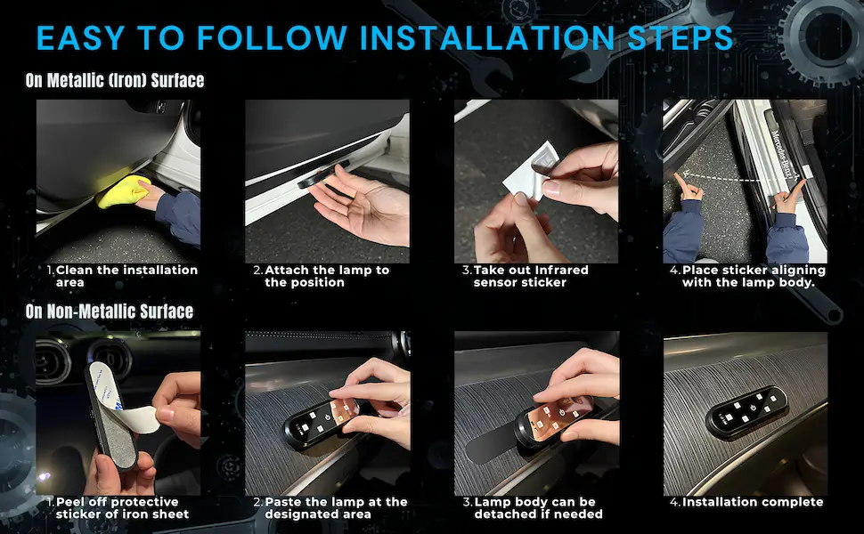 Magnetic Car Door Light 7-Color LED Puddle Lamp - Infrared Sensor, Rechargeable (Wireless) 6 How to install magnetic puddle lamp